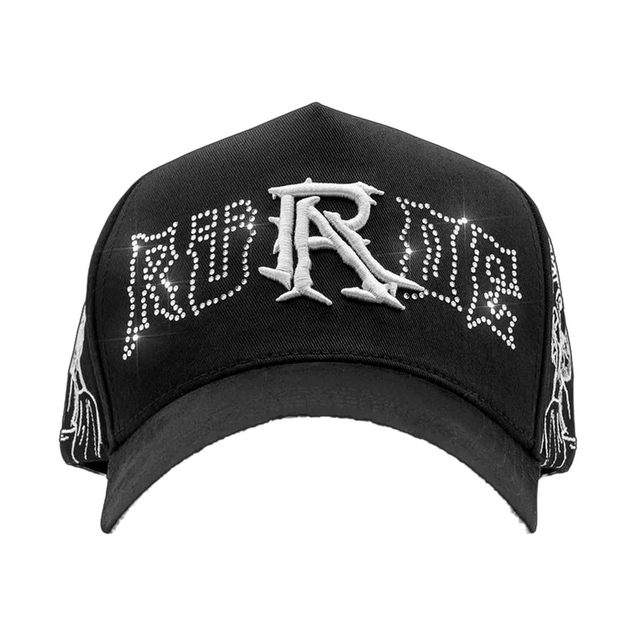 Gorra Rude Awakenings Jesus Christ negra vista frontal con monograma RA y brillantes